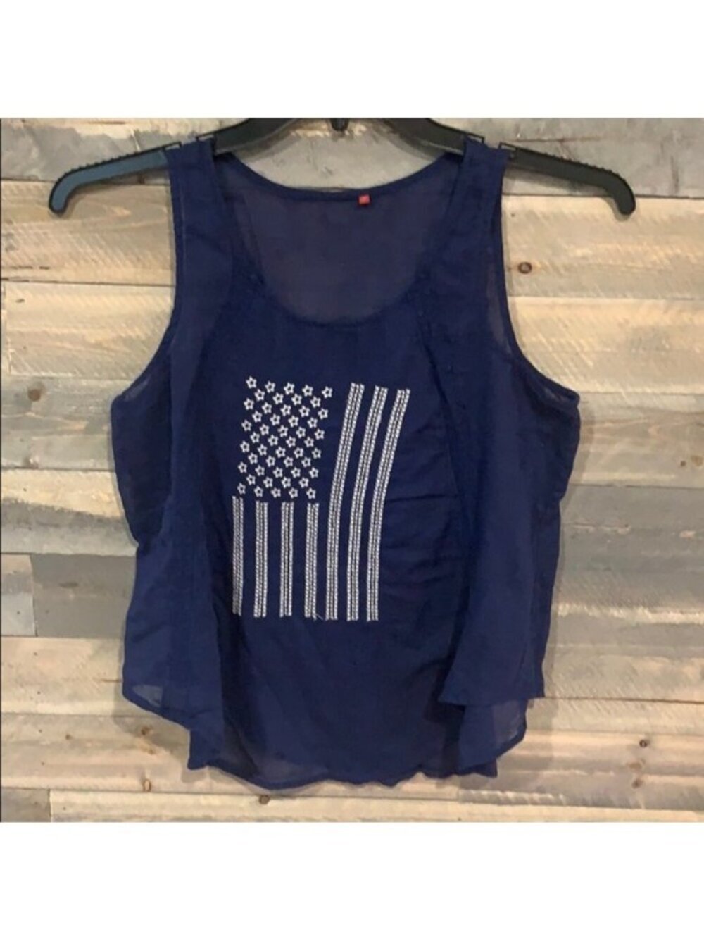 American Flag Embroidered Sheer Navy Blue Sleeveless Top Size M